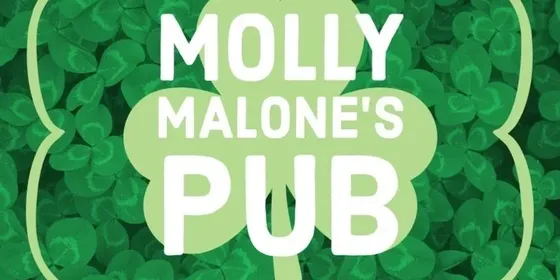 The Molly Malone's Pub logo: white lettering in a scalloped frame on a green shamrock background.