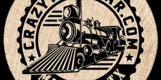 The Crazy Train Bar badge — a steam train inside a circular wooden emblem, Magnolia, Texas.