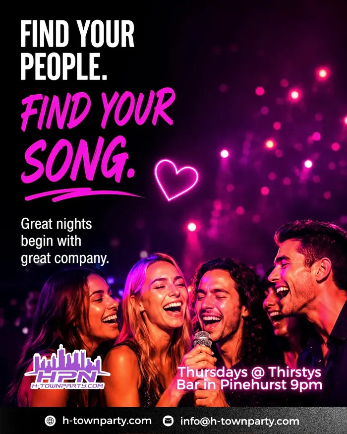 “Find your people. Find your song.” Great nights begin with great company. Thursdays at Thirstys Bar in Pinehurst, 9pm.