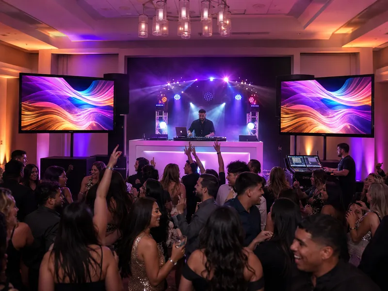 A full DJ production with two visual screens, a lighting technician, uplighting and atmospheric fog.
