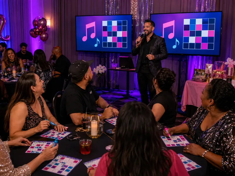 A music-bingo host leading guests who are marking cards beside two game screens and a prize table.