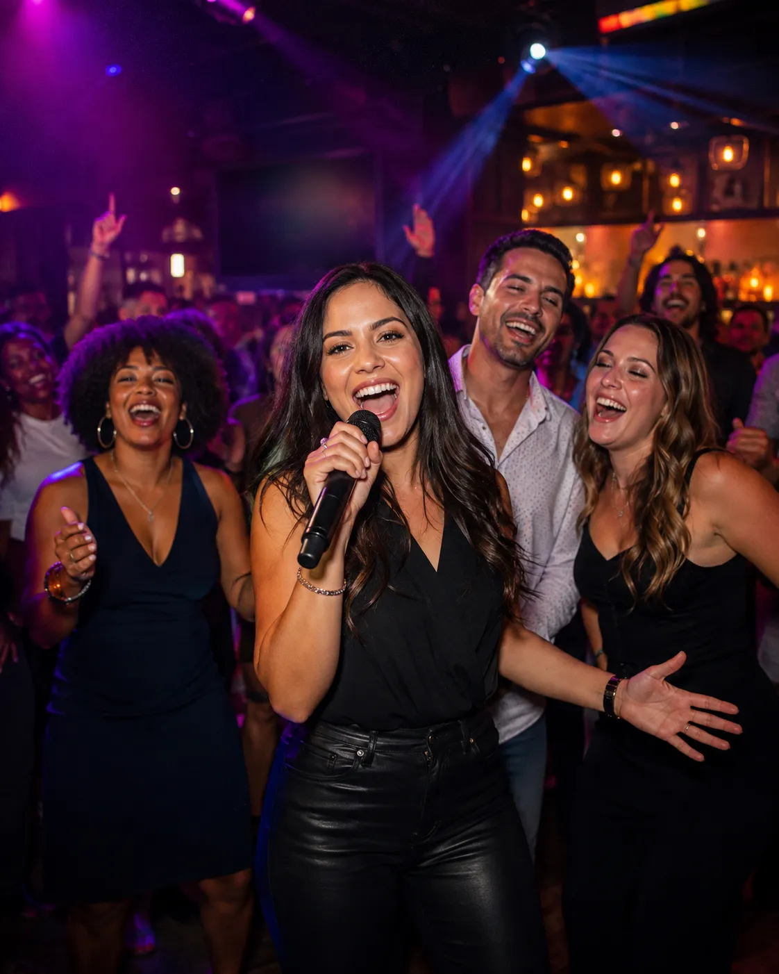 A singer leading friends and a lively crowd during a purple-lit karaoke night.