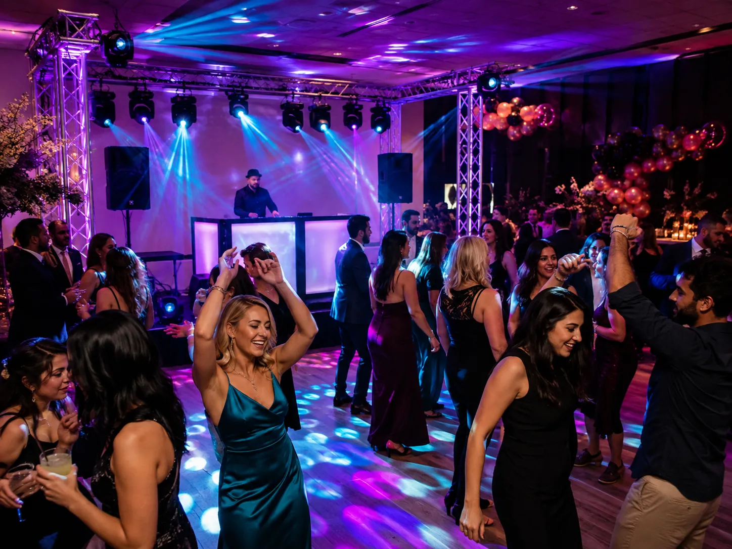 Birthday guests dancing beneath dynamic blue, magenta and violet party lighting.