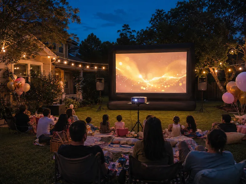 Families watching a backyard movie with an inflatable screen, projector and two speakers.