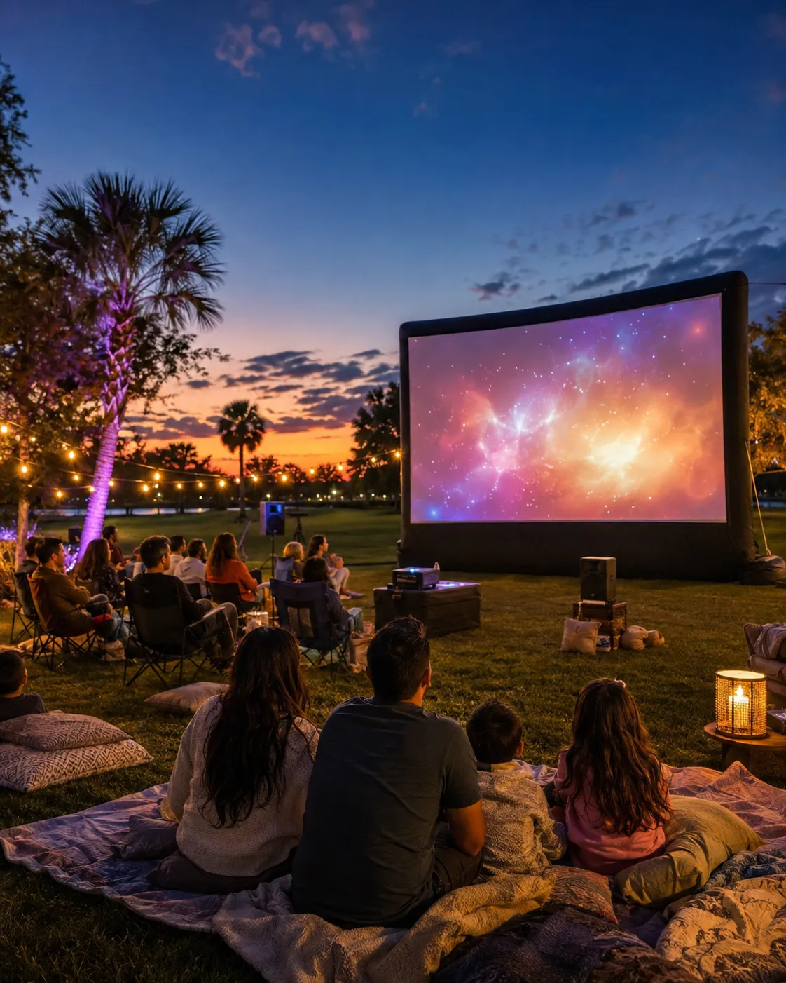 Families watching an outdoor movie on a large screen at sunset.