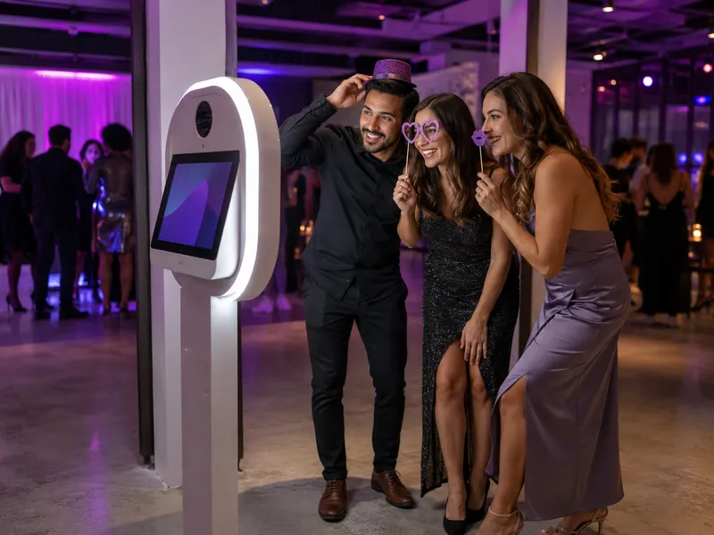 Three guests posing at a compact self-service photo booth with an illuminated camera kiosk.