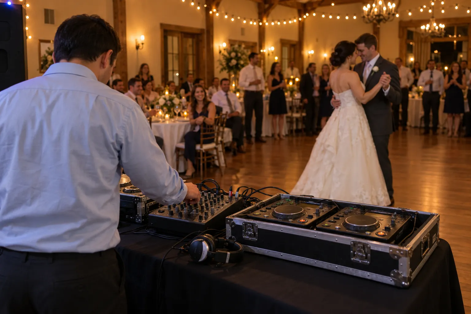 AI-generated illustration inspired by HPN's 2011 origin story: a DJ with borrowed-style CD decks and a mixer, while a wedding couple dances. Not an archival photograph.