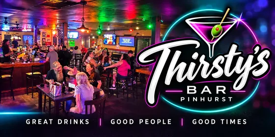 Inside Thirsty's Bar in Pinehurst: guests at the bar and at tables under coloured lights, beside the bar's own neon-style logo.